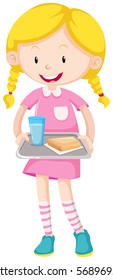 Girl holding tray of food illustration