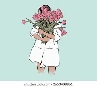 Girl holding tulips aesthetic vector art, Women hiding face with flowers vector illustration, women t short design, Spring bloom artwork