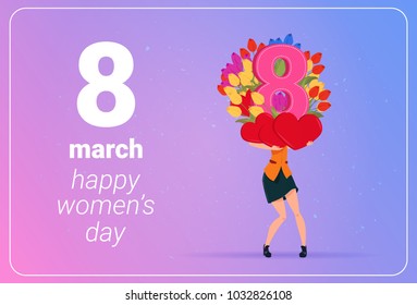 Girl Holding Tulips Flowers And Red Hearts Happy Women Day 8 March Holiday Concept Flat Vector Illustration