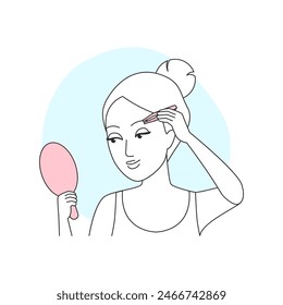 Girl holding tweezers and cosmetic mirror to remove eyebrow hair, line icon vector illustration