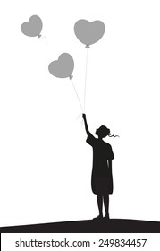 girl holding two of balloons and one flying out, silhouette, girl looking at the flying balloon