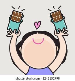 Girl Holding Two Bar Of Chocolates With Love. Girl Showing That She Doesn't Want Nothing Except Her Favorite Treats Concept Card Character illustration