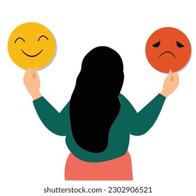 A girl holding two different mood our life  happy   sad  two bipolar flat opposites psychological vector mood swings 