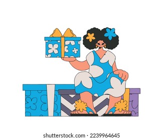The girl is holding two gifts in her hands. A woman sits on gift boxes. Holiday surprise concept. 90s style.