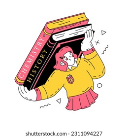 The girl is holding two huge and heavy textbooks on history and chemistry on her back. The concept of difficulties in obtaining knowledge. University studies. Vector illustration isolated.