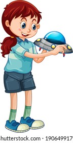 A girl holding ufo toy cartoon character isolated on white background illustration