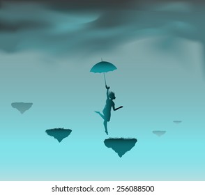 girl holding umbrella and jumping on flying rock, wonderland, life on the flying rock, shadows, vector