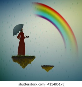  girl holding umbrella and looking at the rainbow, life on the on flying rock, under the rain and in the dream, vector