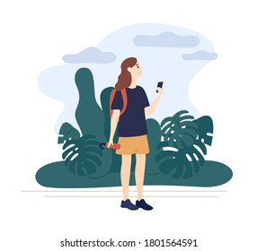 Girl holding umbrella looking weather forecast use smartphone vector flat illustration. Woman walking in natural park at overcast day isolated on white. Female surrounded by landscape with cloudy sky