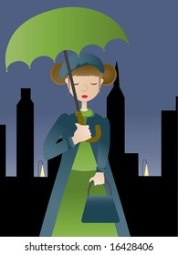 Girl holding umbrella at night in city VECTOR