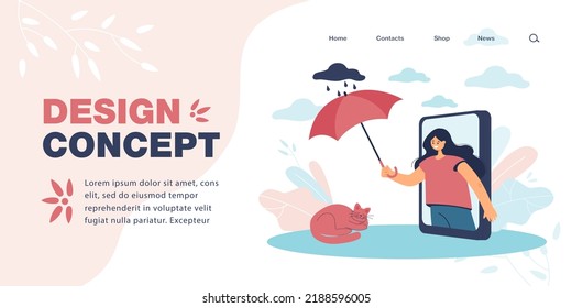 Girl holding umbrella over cat through phone screen. Woman taking care of her sleeping pet flat vector illustration. Love, friendship concept for banner, website design or landing web page