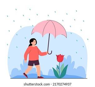Girl holding umbrella over flower. Child protecting plant from falling rain and storm flat vector illustration. Insurance, care, meteorology concept for banner, website design or landing web page