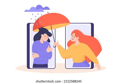 Girl Holding Umbrella Over Sad Friends Through Phone. Woman Supporting Friend With Mental Problems Or Depression, Trying To Help And Comfort Flat Vector Illustration. Psychology, Empathy Concept