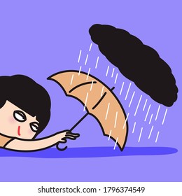 Girl Holding Umbrella To Protect Herself From Rain Concept Card Character illustration
