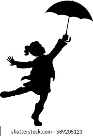 Girl Holding up Umbrella Silhouette - Vector Illustration