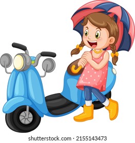 A girl holding umbrella standing beside motorcycle illustration