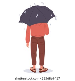 Girl holding umbrella. Woman from behind hiding under umbrella flat vector Illustration. Female character in rainy weather