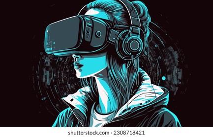 Girl holding virtual reality glasses surrounded. Vector illustration