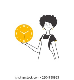 The girl is holding a watch in her hands. Time management concept. Lineart. Isolated. Vector illustration.