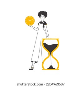 The girl is holding a watch in her hands. Time management concept. Linear trendy style. Isolated. Vector illustration.