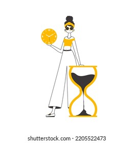 The girl is holding a watch in her hands. Time management concept. Modern linear style. Isolated. Vector illustration.