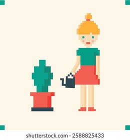 girl holding watering can and watering cactus, cactus and watering can, pixel art, pixel art, watering can, cactus, nature