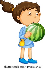 A girl holding watermelon fruit cartoon character isolated on white background illustration