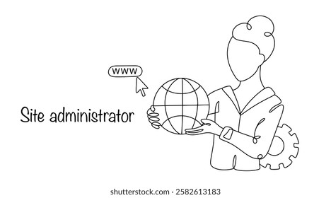 The girl is holding a website symbol in her hands. Site administrator, who is responsible for technical support, security and smooth operation of the website. Vector illustration for different uses. 