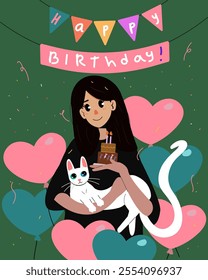 Girl holding white cat and cake for pet with cake candles around hearts shaped balloons and ribbons with happy birthday! inscription. Isolated vector illustrations.