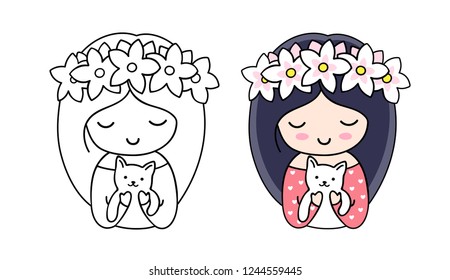 Girl, holding white cat. Cute cartoon character. Vector illustration for coloring book, pin, sticker, patch, badge, print, card, postcard, poster, t-shirt, tattoo.