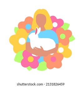 The girl is holding a white rabbit in her arms. Beautiful bright background of flowers. Print, suitable for printing. Easter card with hares and floral spring vector card.