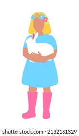 The girl is holding a white rabbit in her arms. Isolated on white. Easter card with hares and girl spring vector card. Rabbit farm. Fluffy pets.