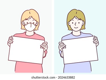 Girl holding white sheet. Cute little girl with white sheet of paper. Hand drawn in thin line style, vector illustrations. (A Mask can be removable)