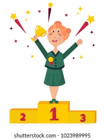 Girl holding winning trophy. Victory concept.