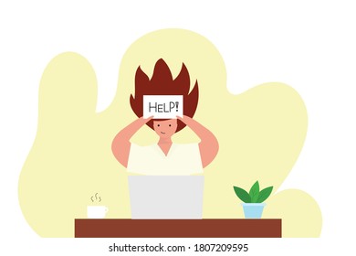 The girl is holding the word help board, in front of the laptop. Cute illustration in flat style.