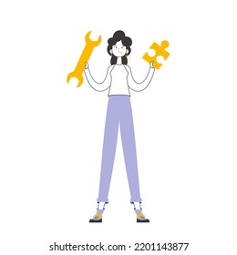 The girl is holding a wrench and a puzzle. Teamwork theme. Linear modern style. Isolated. Vector.