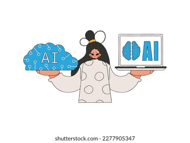 Girl holds AI brain, vector art.