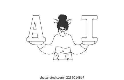 Girl holds AI letters, symbolizing AI theme in linear vector design