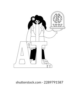 Girl holds AI model, vector art depicts her