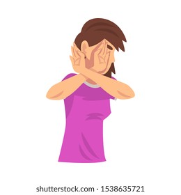 Girl holds arms crossed in front of her saying stop cartoon vector illustration