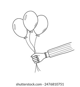 The girl holds balloons in her hand. Vector illustration of the holiday concept, greetings, outline sketch, doodle style. Isolated on white.