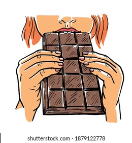 the girl holds a bar of chocolate with two hands and takes a bite. color vector illustration.