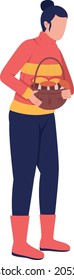 Girl holds basket with mushrooms semi flat color vector character. Posing figure. Full body person on white. Autumn isolated modern cartoon style illustration for graphic design and animation