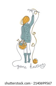 Сute Girl Holds A Basket Of Yarn And Knitting Needles In Her Hands. Favorite Hobby Knitting, Crochet. Cozy Pastime At Home. Vector Illustration. Logo.