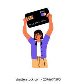 Girl holds a big credit or debit card. Secure shopping and transfer money, cashless payment, virtual banking. Hand drawn vector illustration isolated on a white background. Modern flat cartoon style.
