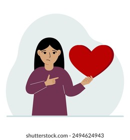 A girl holds a big red heart in his hand. The concept of volunteering, romantic relationship or love. Vector flat illustration.