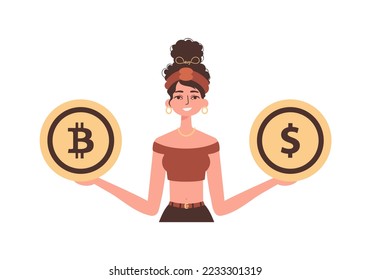 The girl holds a bitcoin and a dollar in her hands. Character with a modern style.