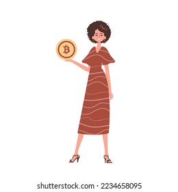 The girl holds a bitcoin in her hands in the form of a coin. Character with a modern style.