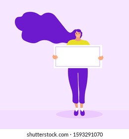 Girl holds a blank form, poster, template for text. Flat modern illustration. Vector