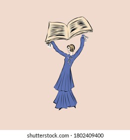 Girl holds book. Hand drawn vintage lady. 